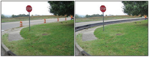 Two side-by-side photos depict the approach to a stop-controlled T intersection from the perspective of the leg of the T. One photo depicts a simple right turn into the through road with spaced out construction barrels lining the curb of the through road in the gutter. The other shows the same location with a row of low-profile concrete barrier in place of the construction barrels.